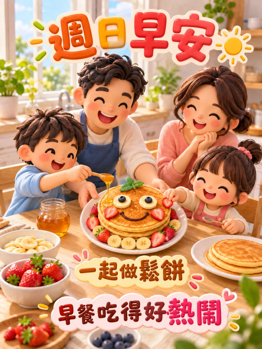 全家做鬆餅早餐。圖中文字：週日早安，一起做鬆餅，早餐吃得好熱鬧