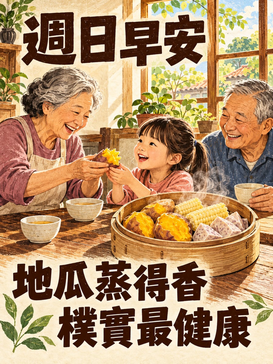 蒸地瓜玉米當早餐。圖中文字：週日早安，地瓜蒸得香，樸實最健康