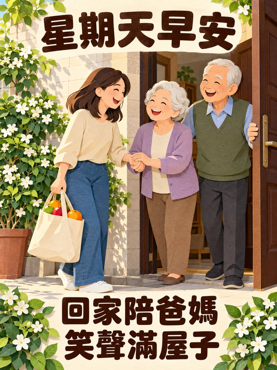 回家陪爸媽。圖中文字：星期天早安，回家陪爸媽，笑聲滿屋子