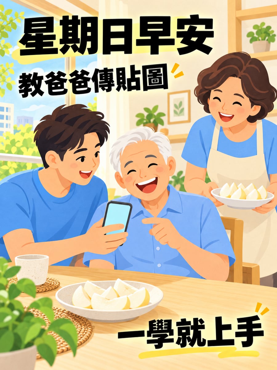 教爸爸傳貼圖。圖中文字：星期日早安，教爸爸傳貼圖，一學就上手