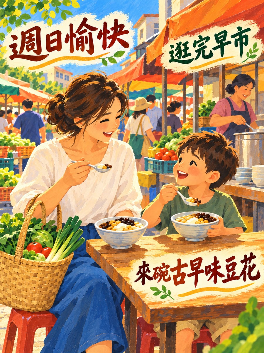 逛完早市吃豆花。圖中文字：週日愉快，逛完早市，來碗古早味豆花