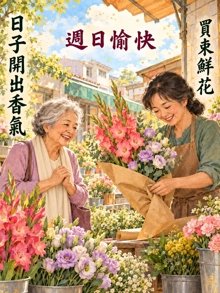 早市買鮮花。圖中文字：週日愉快，買束鮮花，日子開出香氣