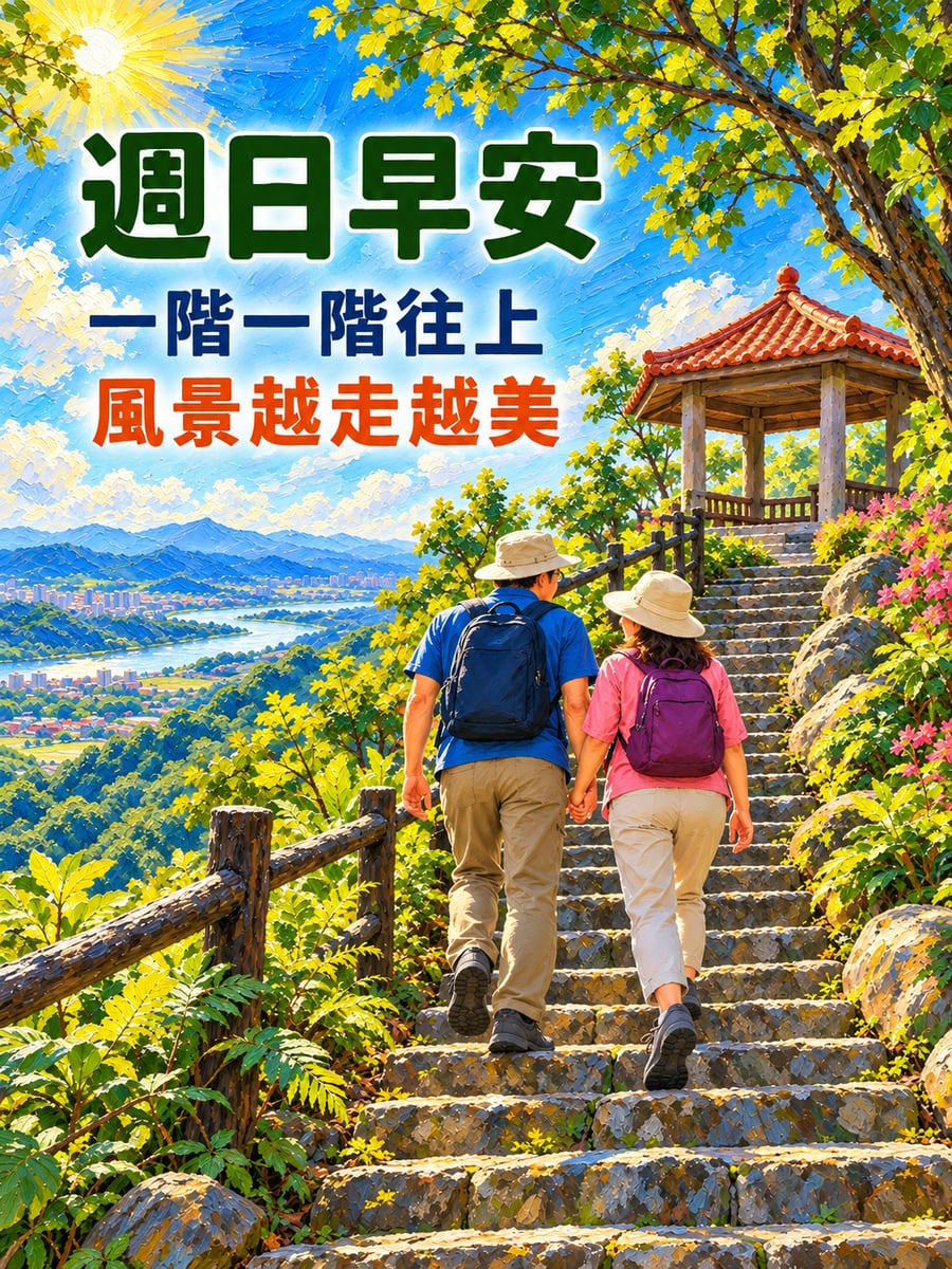 石階步道往上走。圖中文字：週日早安，一階一階往上，風景越走越美