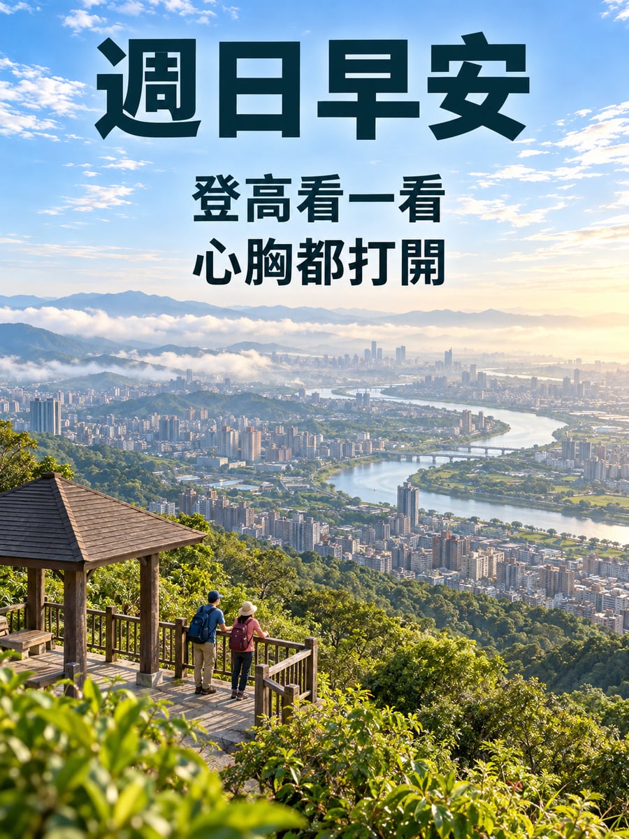 觀景亭看城市甦醒。圖中文字：週日早安，登高看一看，心胸都打開