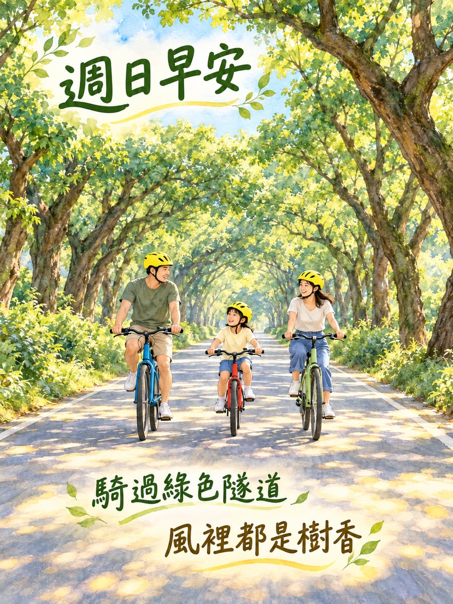 集集綠色隧道騎單車。圖中文字：週日早安，騎過綠色隧道，風裡都是樹香