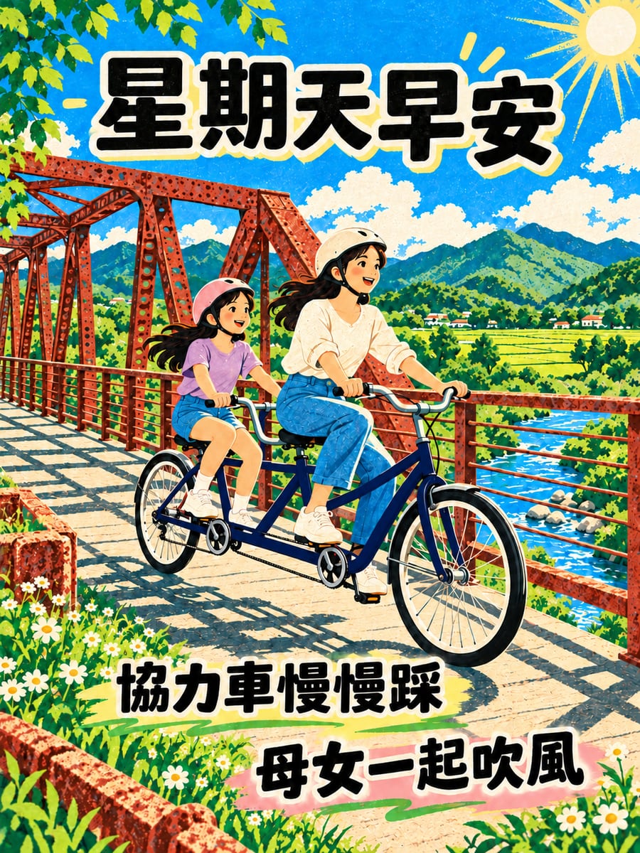 舊鐵道協力車。圖中文字：星期天早安，協力車慢慢踩，母女一起吹風