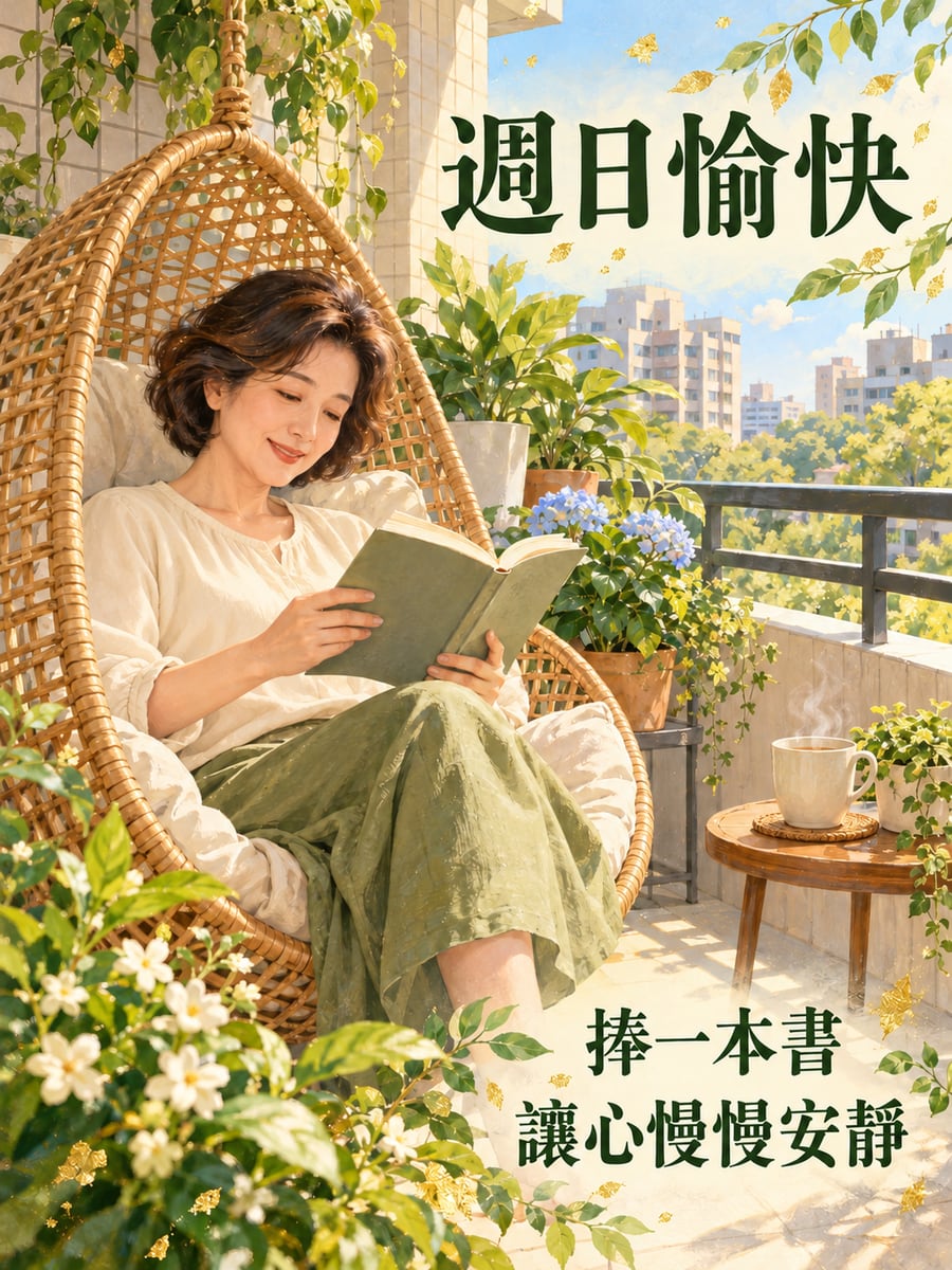 吊椅裡看書。圖中文字：週日愉快，捧一本書，讓心慢慢安靜