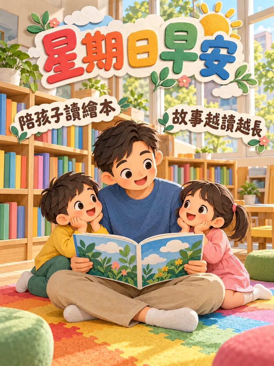圖書館親子共讀。圖中文字：星期日早安，陪孩子讀繪本，故事越讀越長