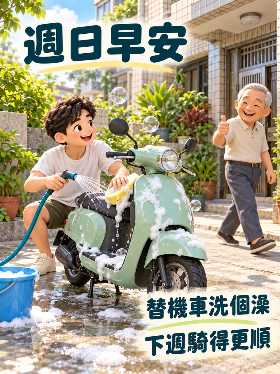 替機車洗澡。圖中文字：週日早安，替機車洗個澡，下週騎得更順