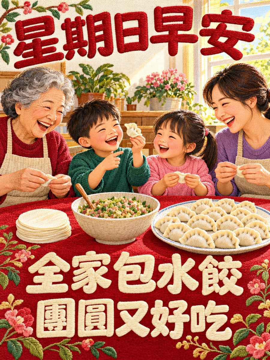 全家包水餃。圖中文字：星期日早安，全家包水餃，團圓又好吃