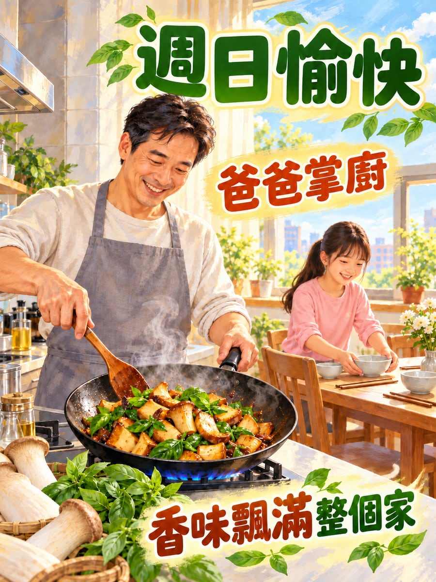 爸爸掌廚。圖中文字：週日愉快，爸爸掌廚，香味飄滿整個家