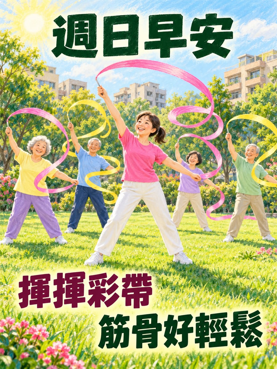 長輩揮彩帶做操。圖中文字：週日早安，揮揮彩帶，筋骨好輕鬆