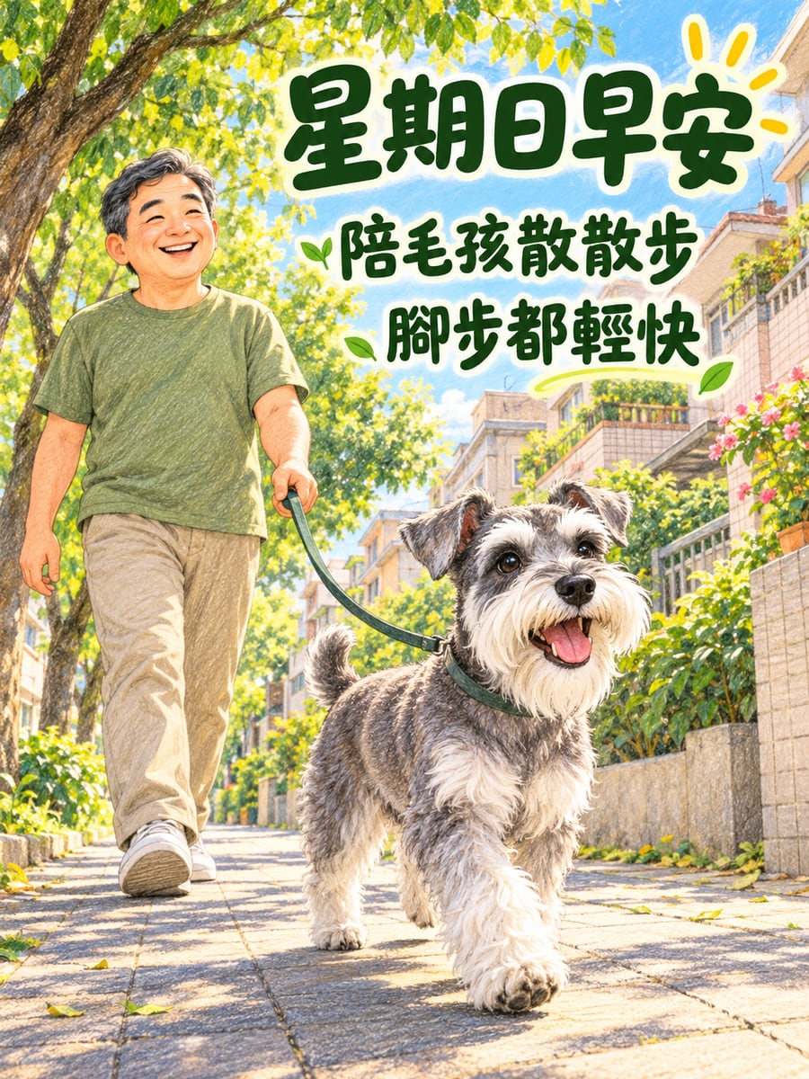 陪雪納瑞散步。圖中文字：星期日早安，陪毛孩散散步，腳步都輕快