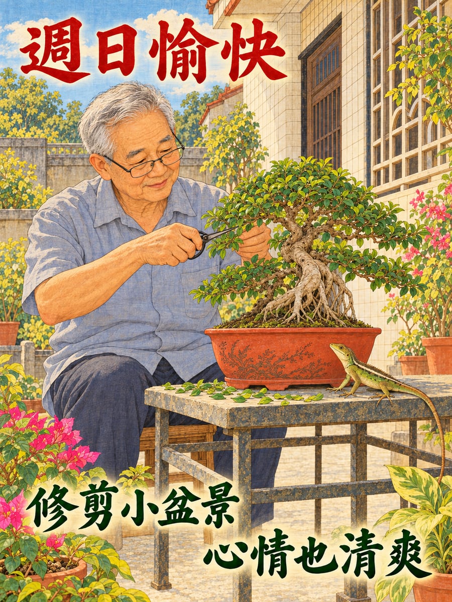 阿公修剪盆景。圖中文字：週日愉快，修剪小盆景，心情也清爽