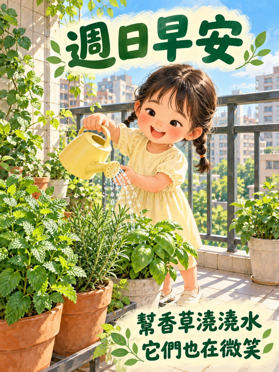 小女孩幫香草澆水。圖中文字：週日早安，幫香草澆澆水，它們也在微笑