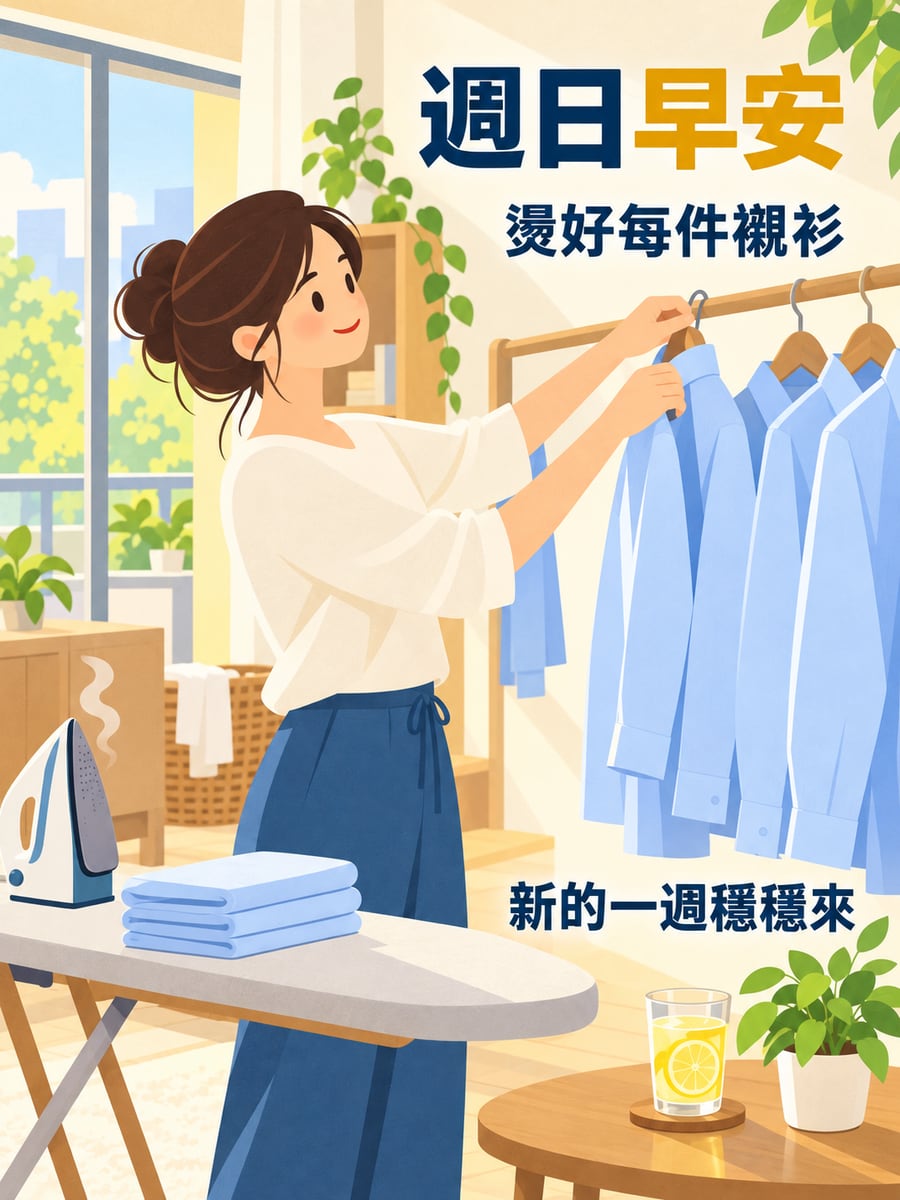燙好襯衫。圖中文字：週日早安，燙好每件襯衫，新的一週穩穩來