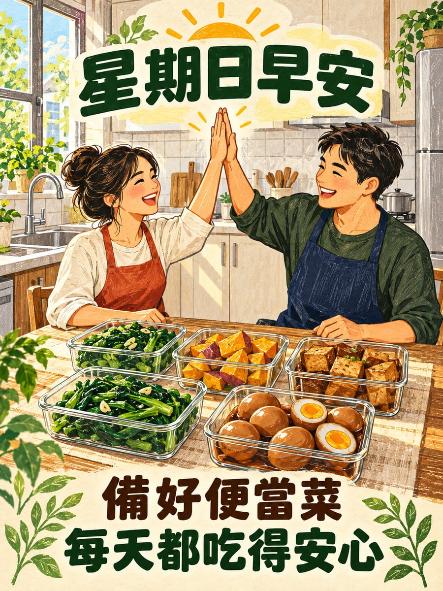 備好便當菜。圖中文字：星期日早安，備好便當菜，每天都吃得安心