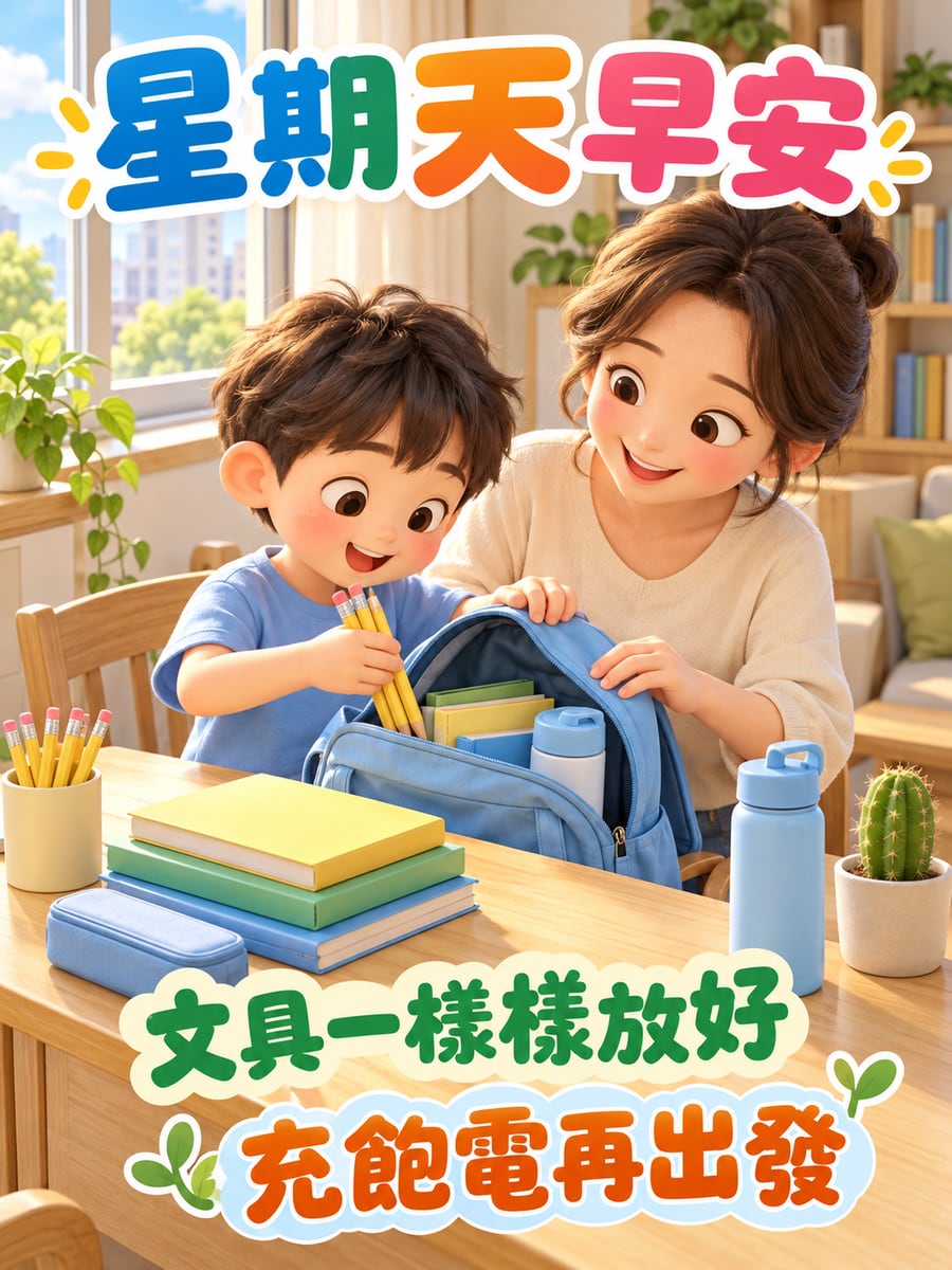 整理好書包。圖中文字：星期天早安，文具一樣樣放好，充飽電再出發