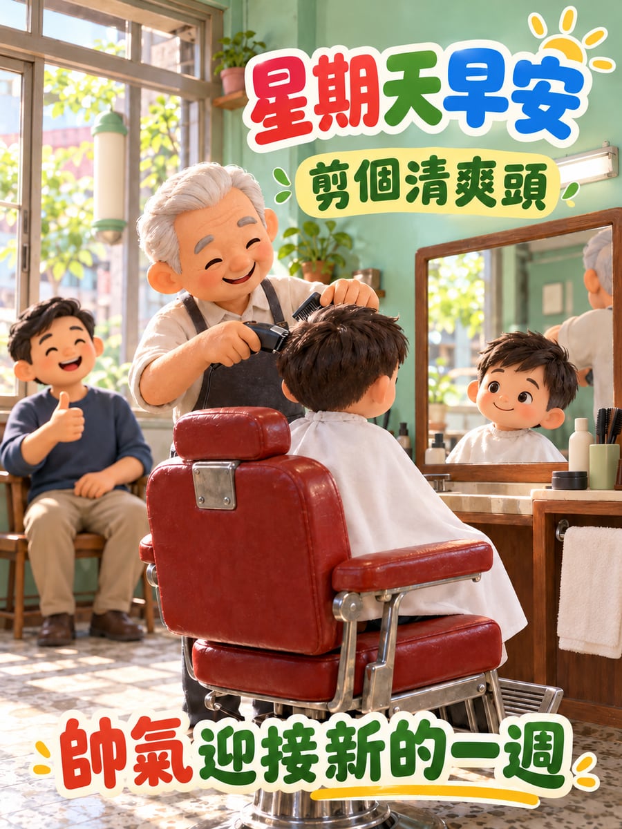 剪個清爽頭。圖中文字：星期天早安，剪個清爽頭，帥氣迎接新的一週