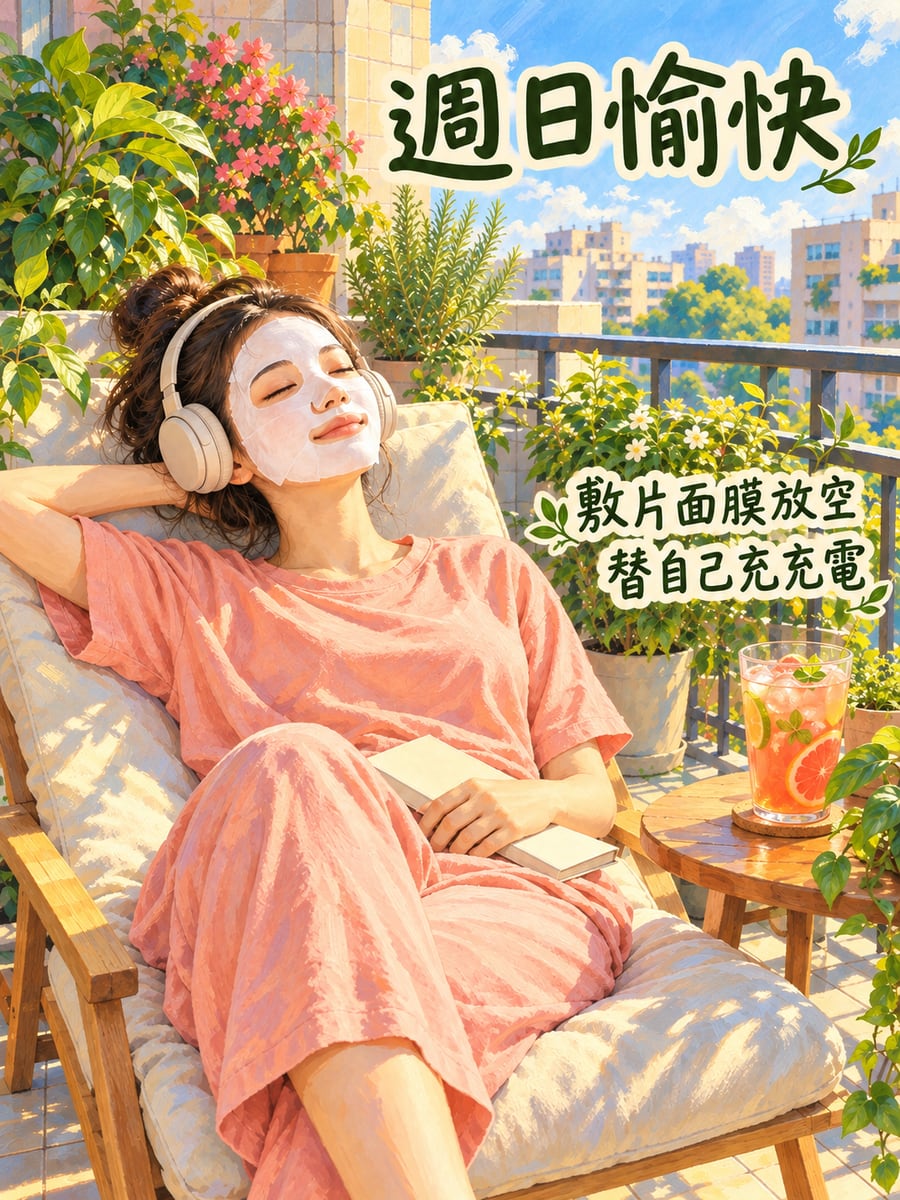 敷面膜充電。圖中文字：週日愉快，敷片面膜放空，替自己充充電