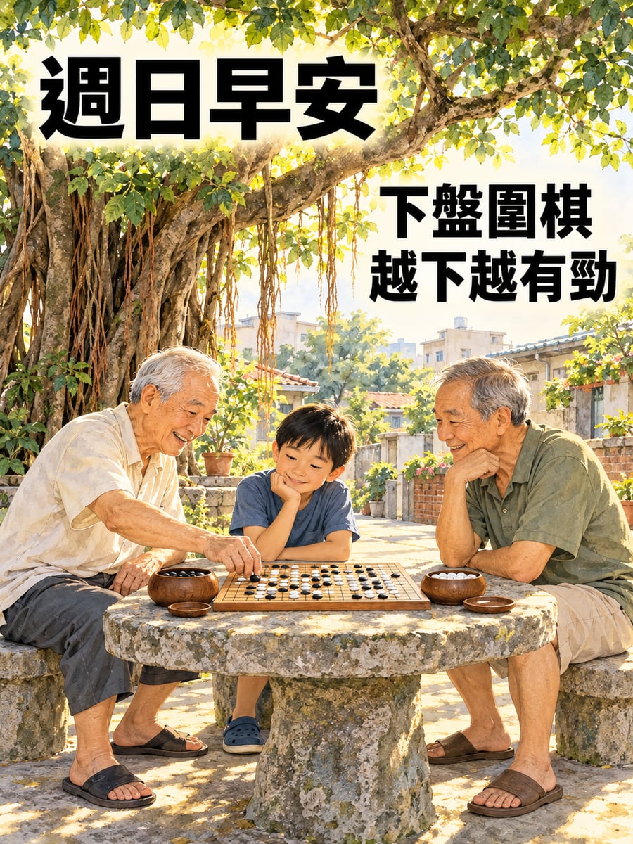 阿公下圍棋。圖中文字：週日早安，下盤圍棋，越下越有勁