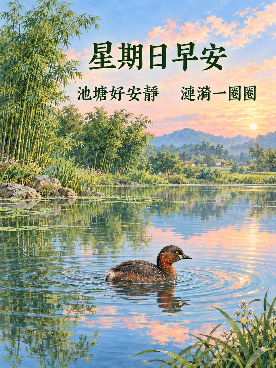 池塘裡的小鸊鷉。圖中文字：星期日早安，池塘好安靜，漣漪一圈圈