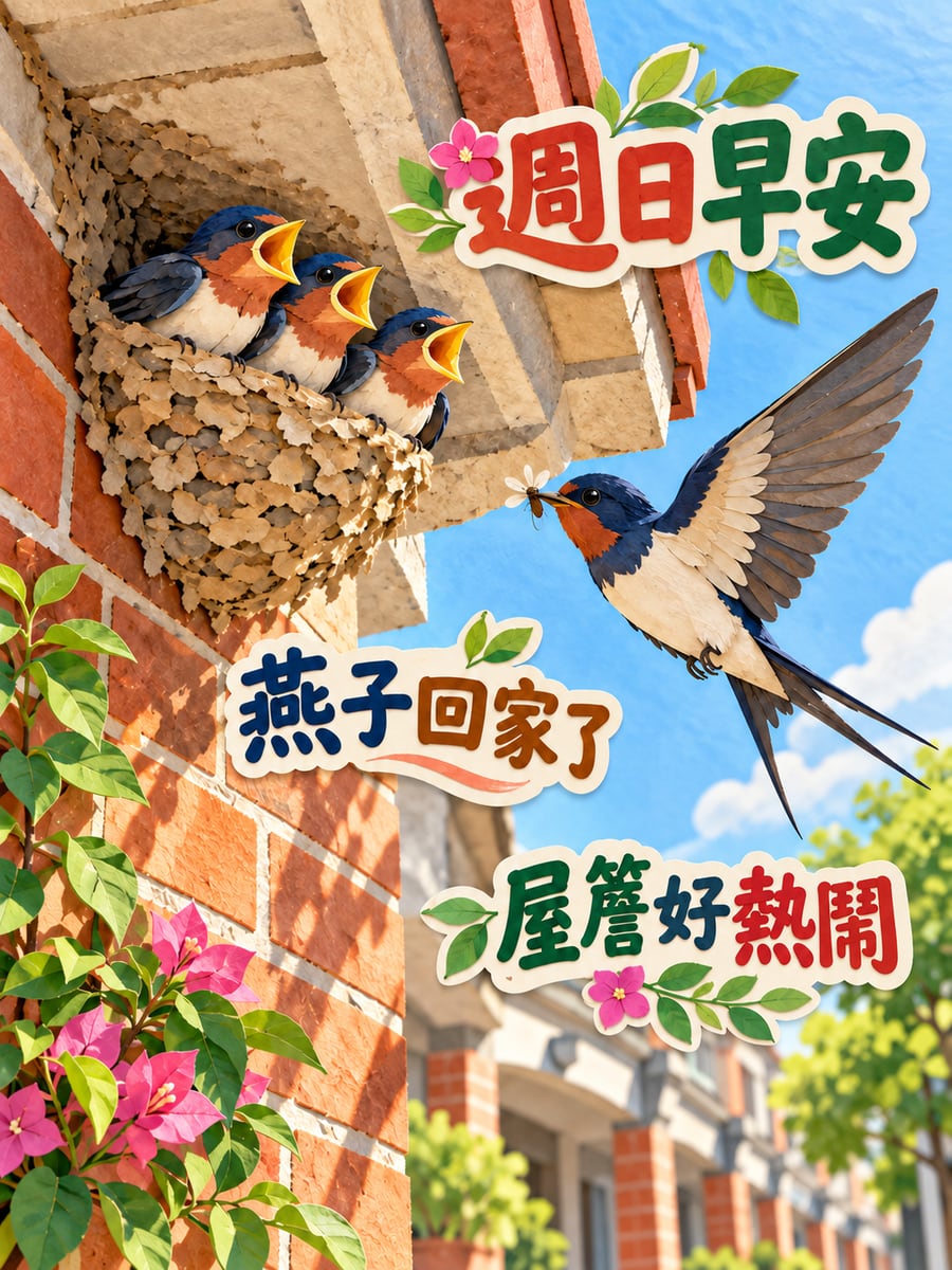 燕子回家了。圖中文字：週日早安，燕子回家了，屋簷好熱鬧