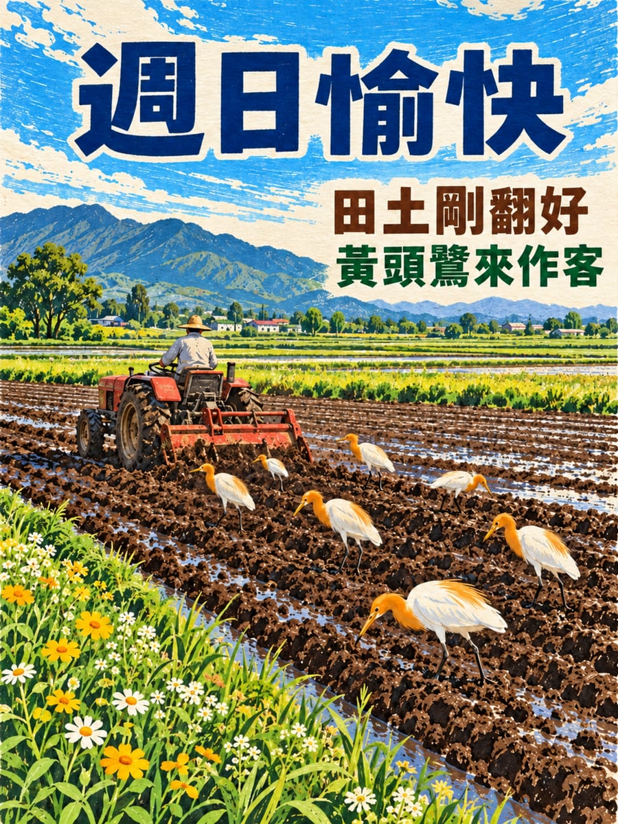 黃頭鷺跟著耕耘機。圖中文字：週日愉快，田土剛翻好，黃頭鷺來作客