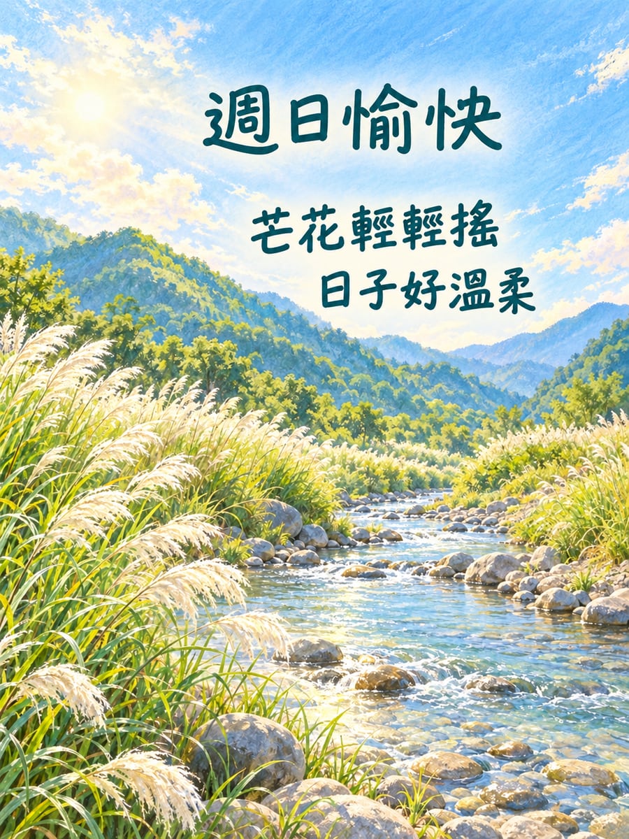 芒花輕搖的溪谷。圖中文字：週日愉快，芒花輕輕搖，日子好溫柔
