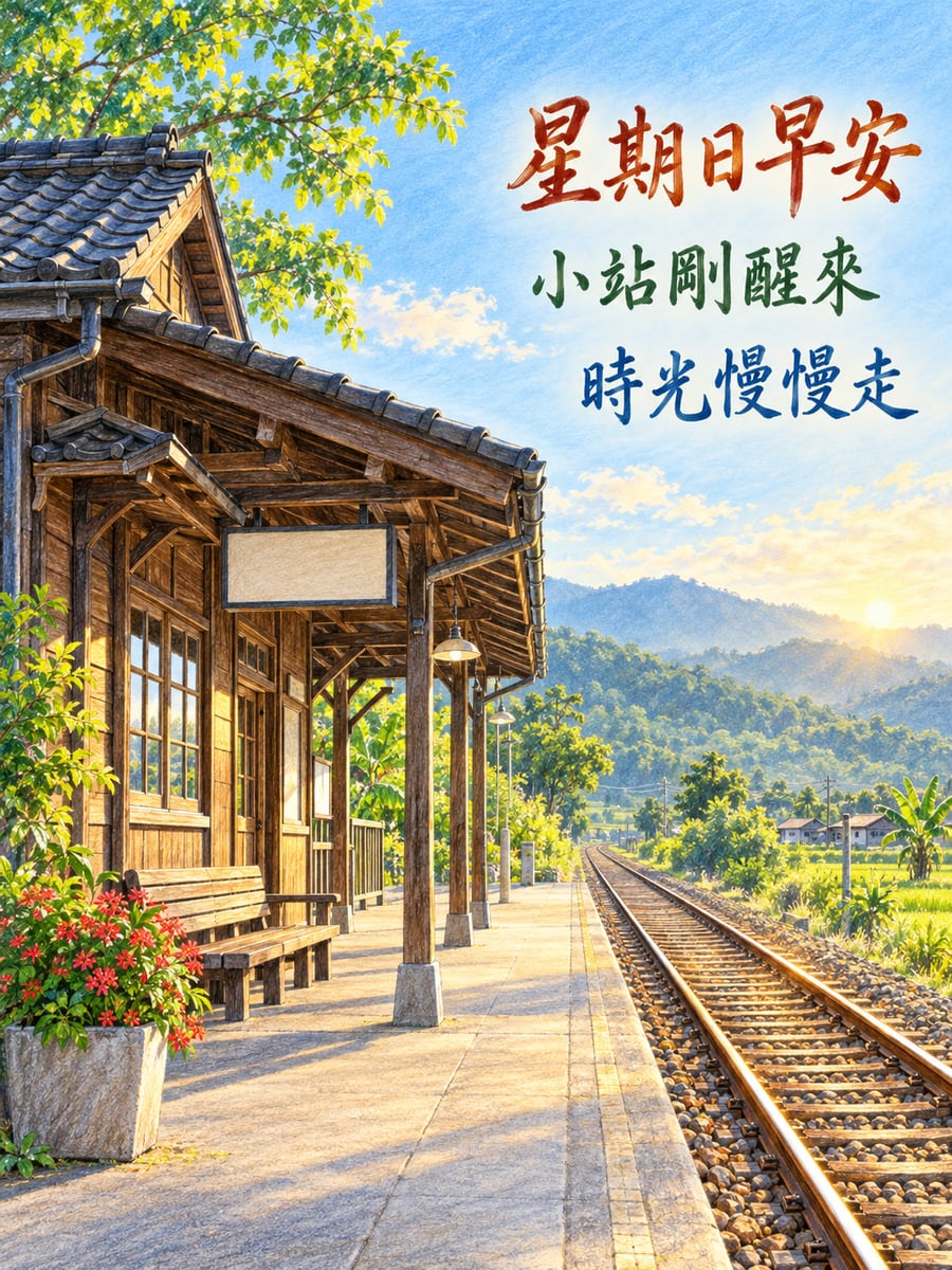 木造小車站。圖中文字：星期日早安，小站剛醒來，時光慢慢走