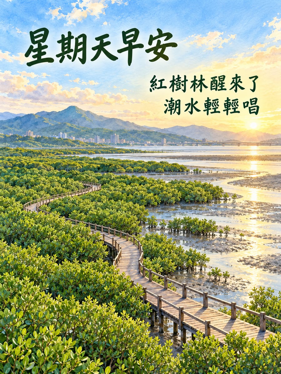 關渡紅樹林的清晨。圖中文字：星期天早安，紅樹林醒來了，潮水輕輕唱