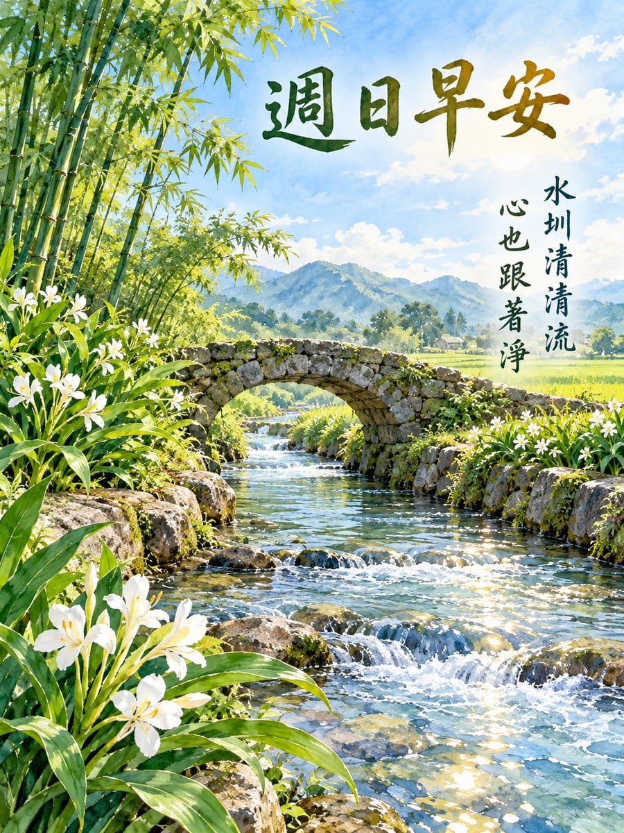 水圳石拱橋。圖中文字：週日早安，水圳清清流，心也跟著淨