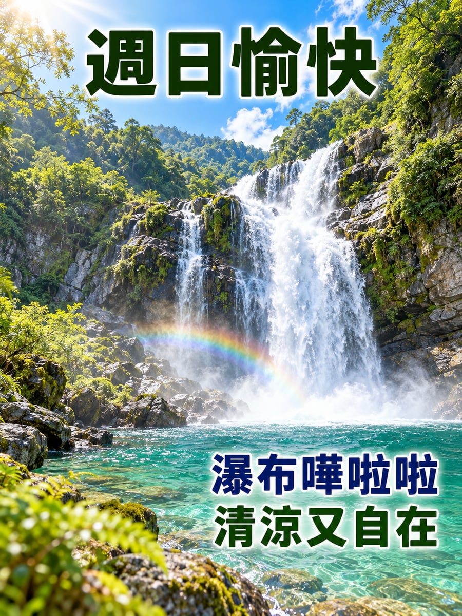 瀑布與彩虹。圖中文字：週日愉快，瀑布嘩啦啦，清涼又自在