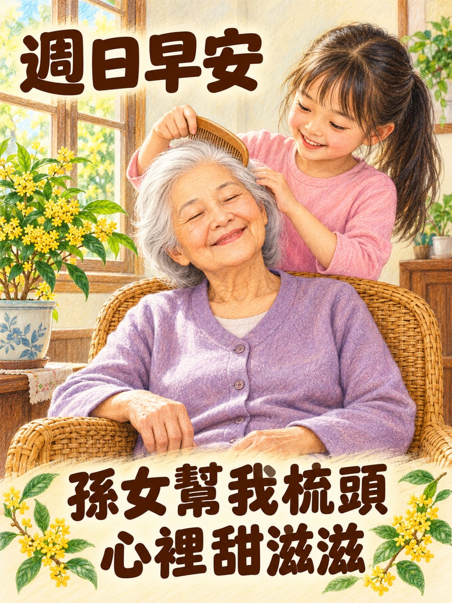孫女幫阿嬤梳頭。圖中文字：週日早安，孫女幫我梳頭，心裡甜滋滋
