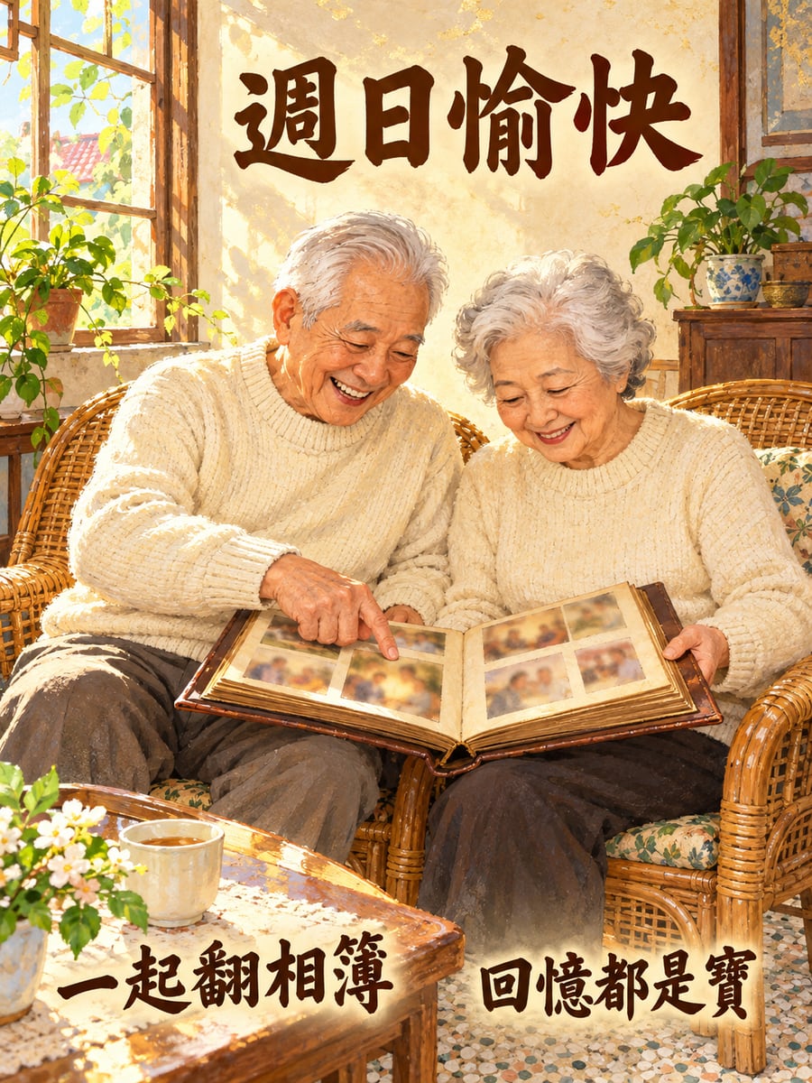 一起翻老相簿。圖中文字：週日愉快，一起翻相簿，回憶都是寶