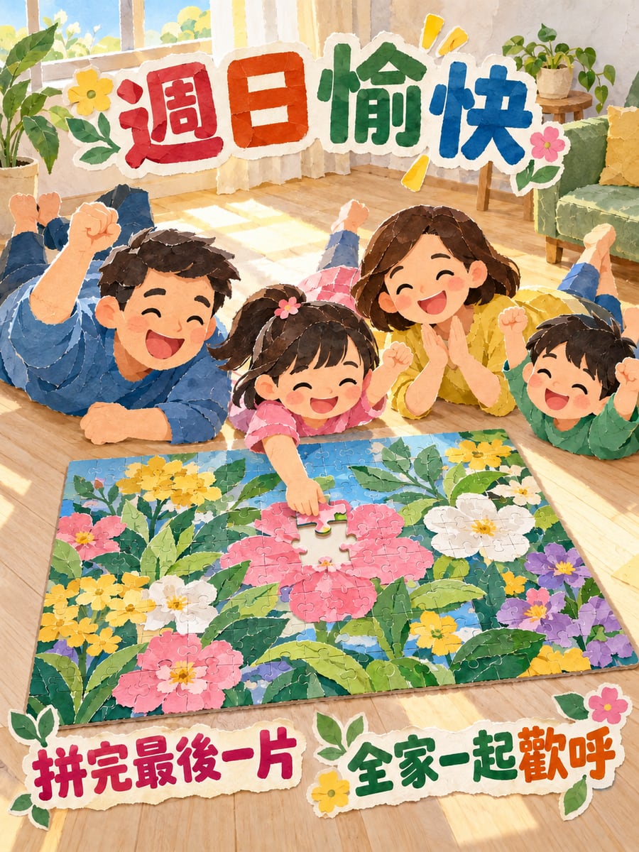 全家拼拼圖。圖中文字：週日愉快，拼完最後一片，全家一起歡呼