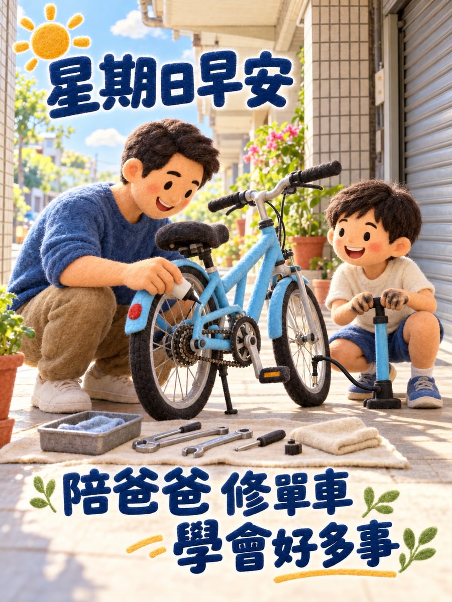 陪爸爸修單車。圖中文字：星期日早安，陪爸爸修單車，學會好多事