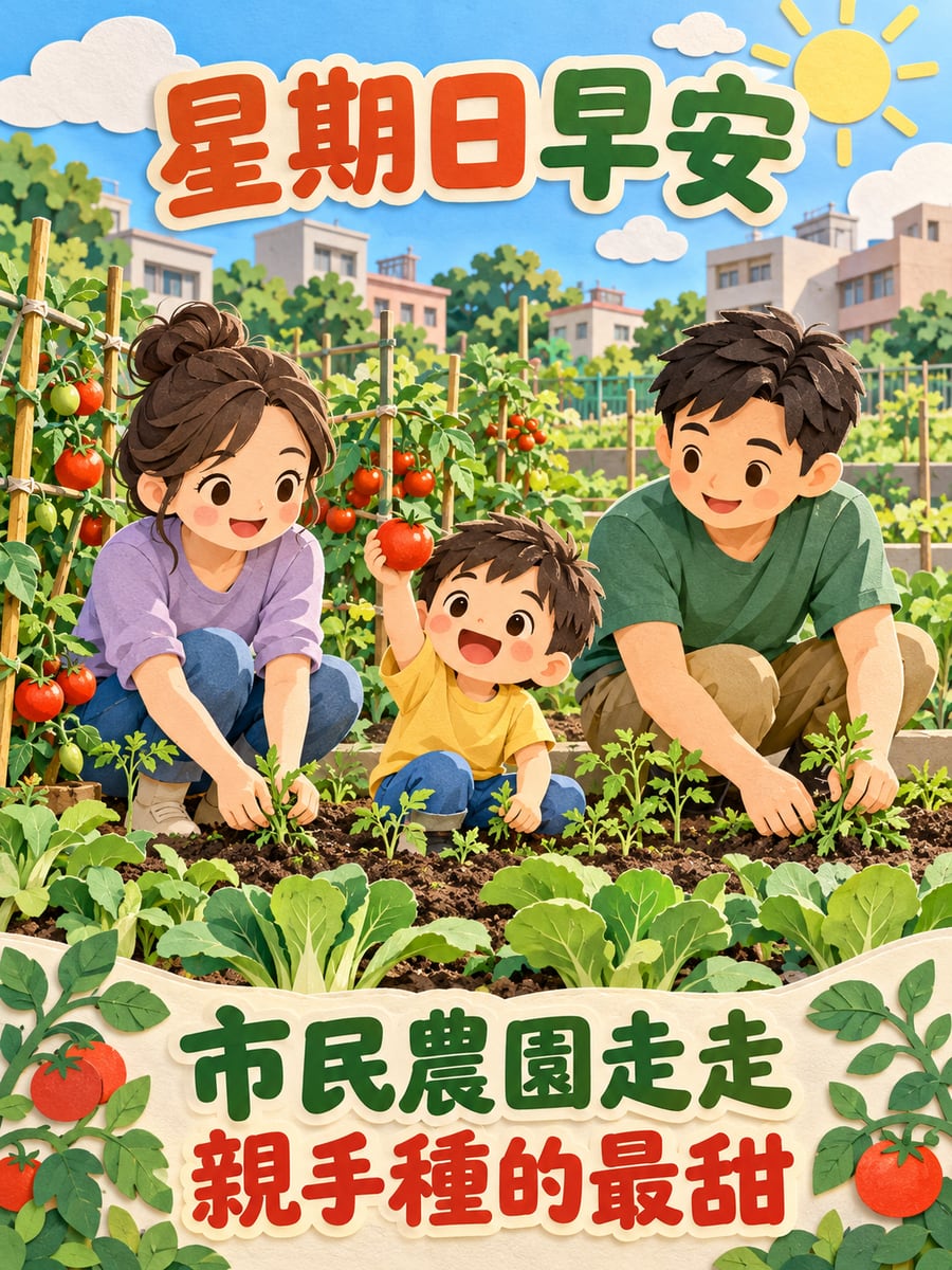 市民農園摘番茄。圖中文字：星期日早安，市民農園走走，親手種的最甜