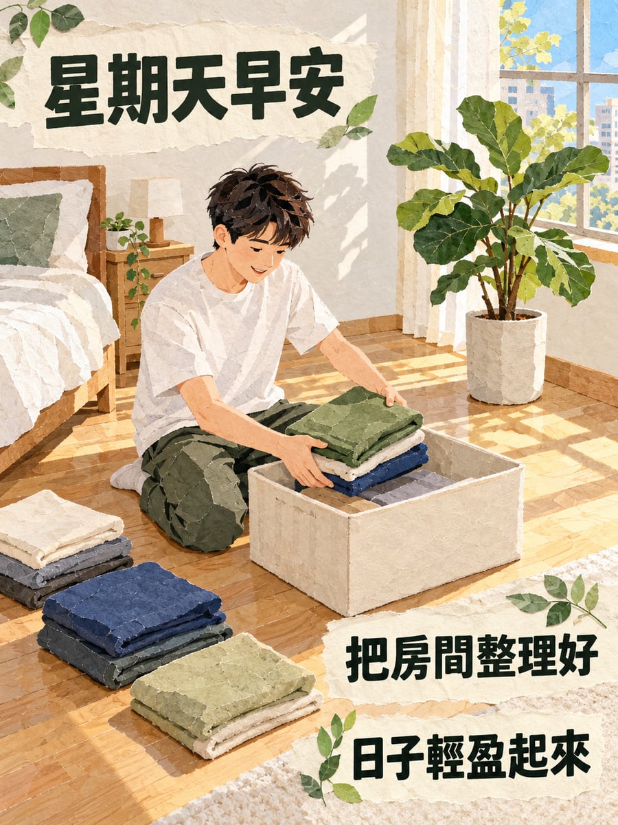 把房間整理好。圖中文字：星期天早安，把房間整理好，日子輕盈起來