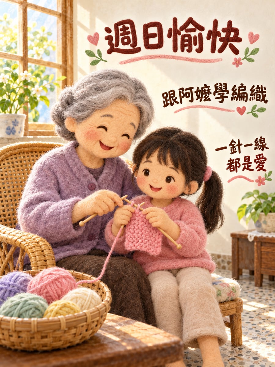 跟阿嬤學編織。圖中文字：週日愉快，跟阿嬤學編織，一針一線都是愛