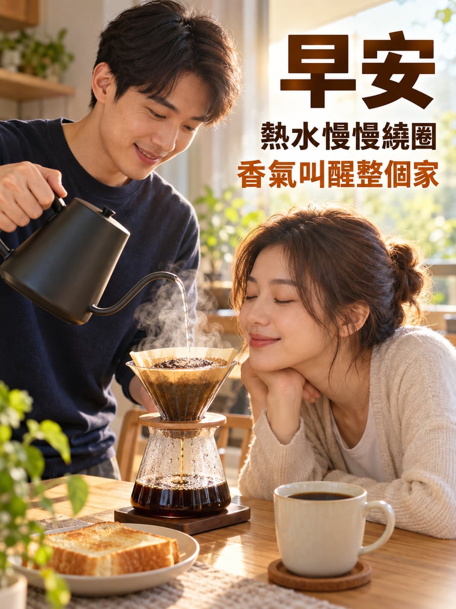 清晨手沖一杯。圖中文字：早安，熱水慢慢繞圈，香氣叫醒整個家