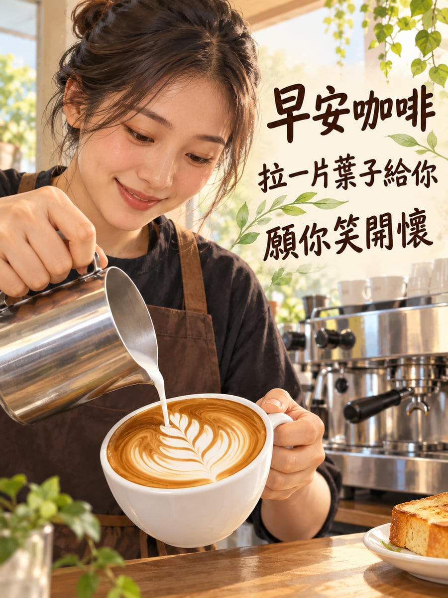 拉一片葉子給你。圖中文字：早安咖啡，拉一片葉子給你，願你笑開懷