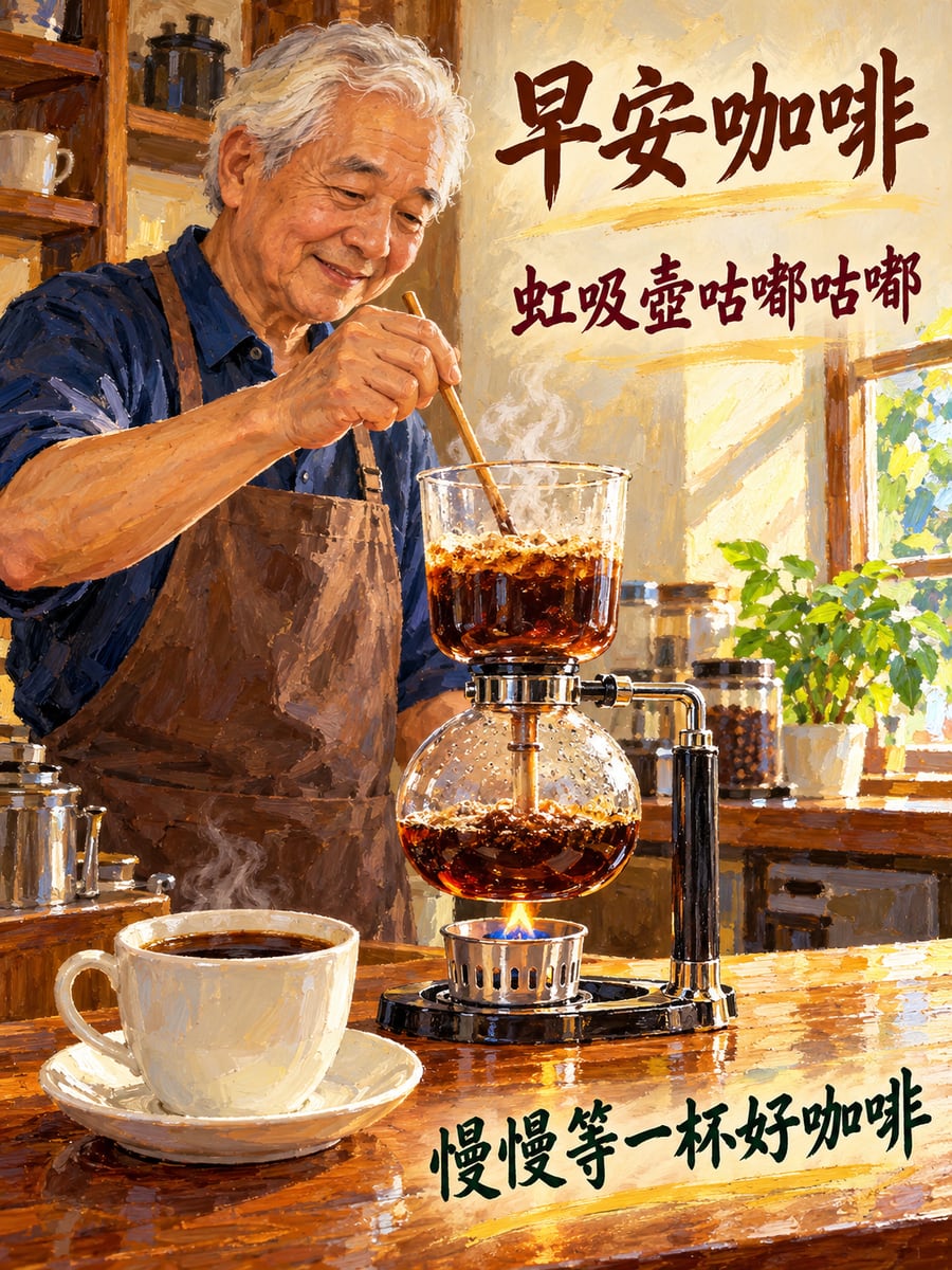 虹吸壺咕嘟咕嘟。圖中文字：早安咖啡，虹吸壺咕嘟咕嘟，慢慢等一杯好咖啡