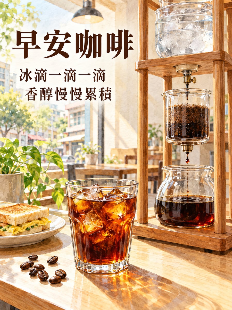 冰滴一滴一滴。圖中文字：早安咖啡，冰滴一滴一滴，香醇慢慢累積