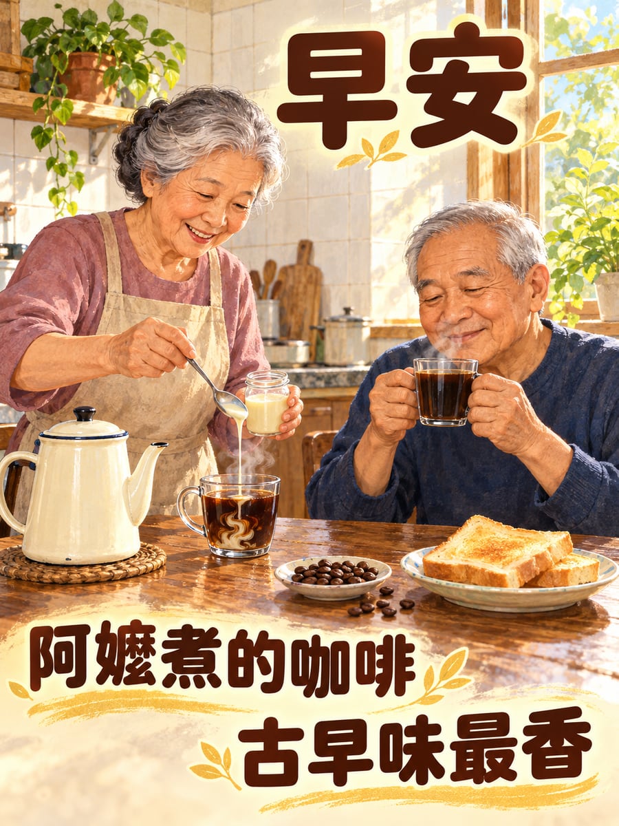 阿嬤煮的古早味咖啡。圖中文字：早安，阿嬤煮的咖啡，古早味最香