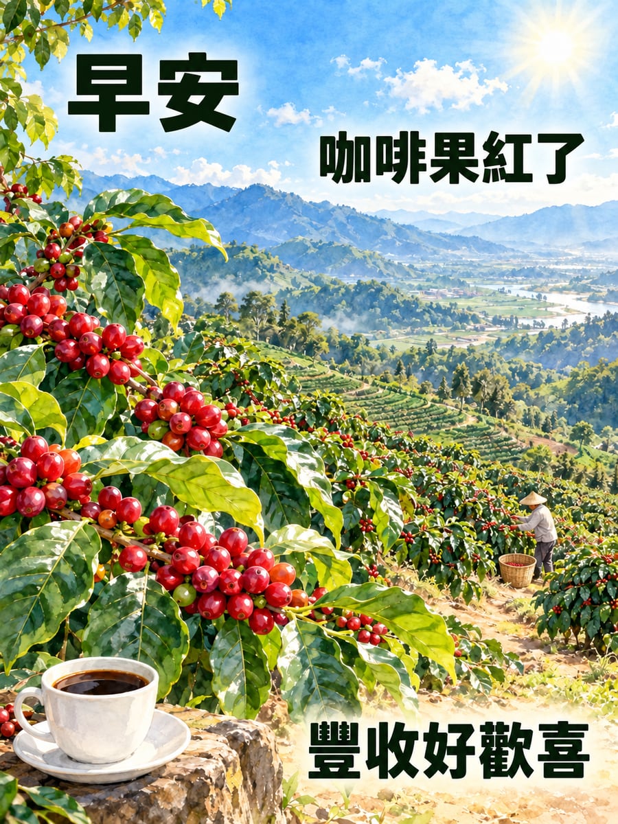 古坑咖啡果紅了。圖中文字：早安，咖啡果紅了，豐收好歡喜