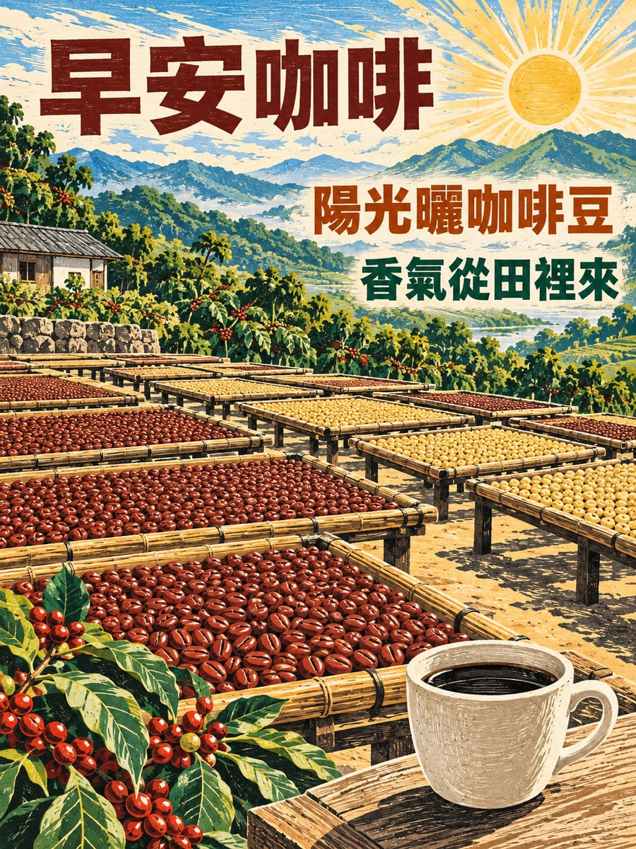 陽光曬咖啡豆。圖中文字：早安咖啡，陽光曬咖啡豆，香氣從田裡來