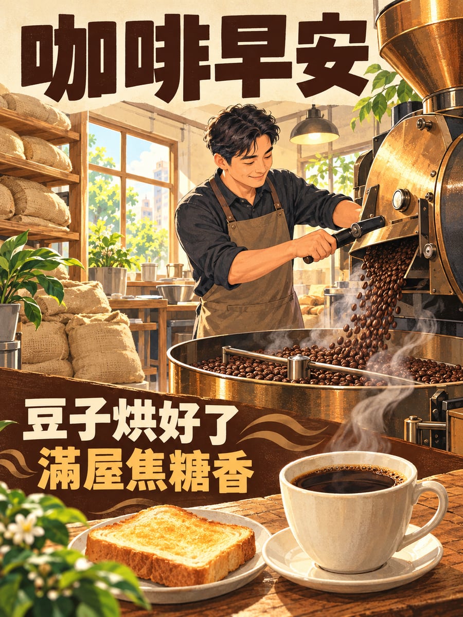 豆子烘好了。圖中文字：咖啡早安，豆子烘好了，滿屋焦糖香