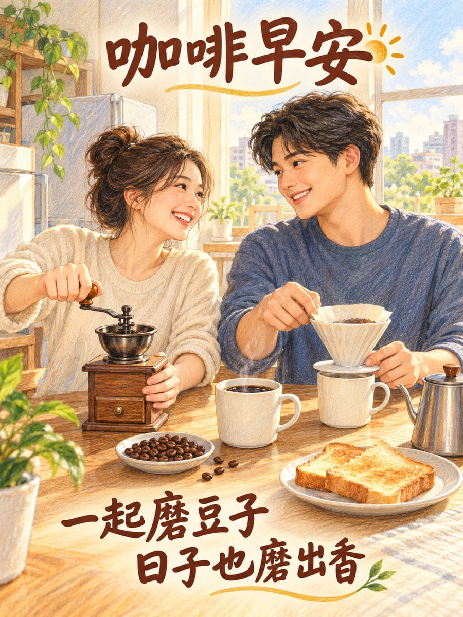 一起磨豆子。圖中文字：咖啡早安，一起磨豆子，日子也磨出香