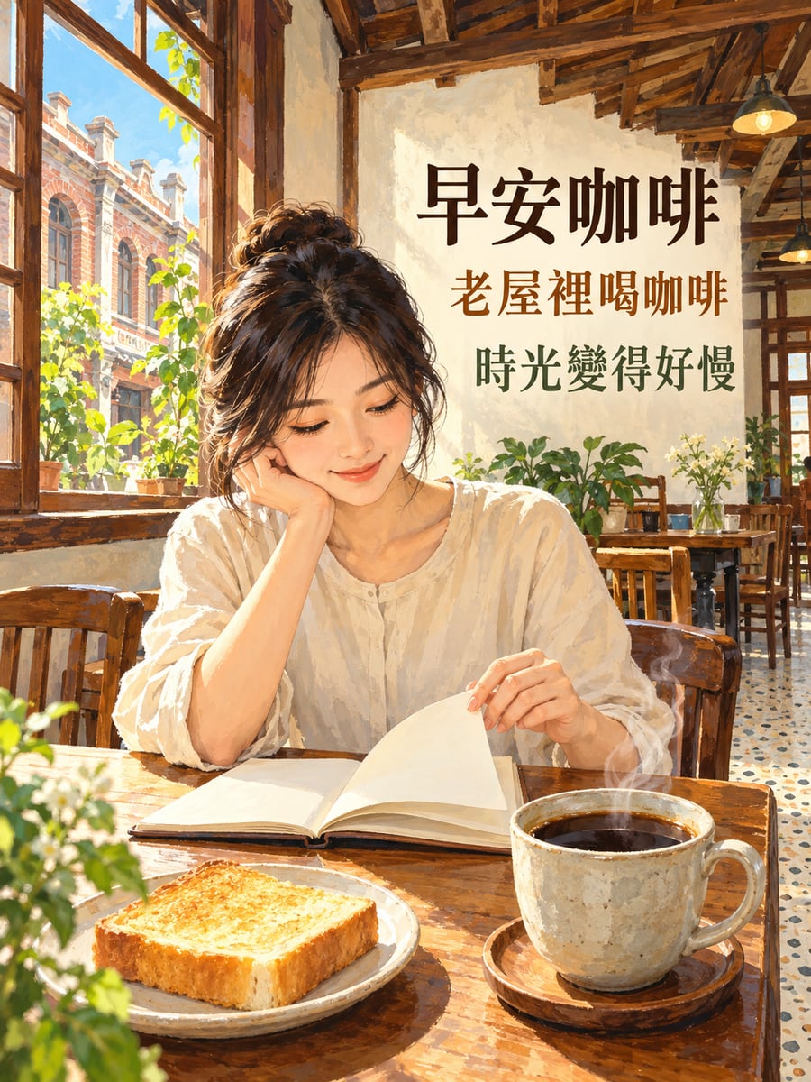 大稻埕老屋咖啡館。圖中文字：早安咖啡，老屋裡喝咖啡，時光變得好慢